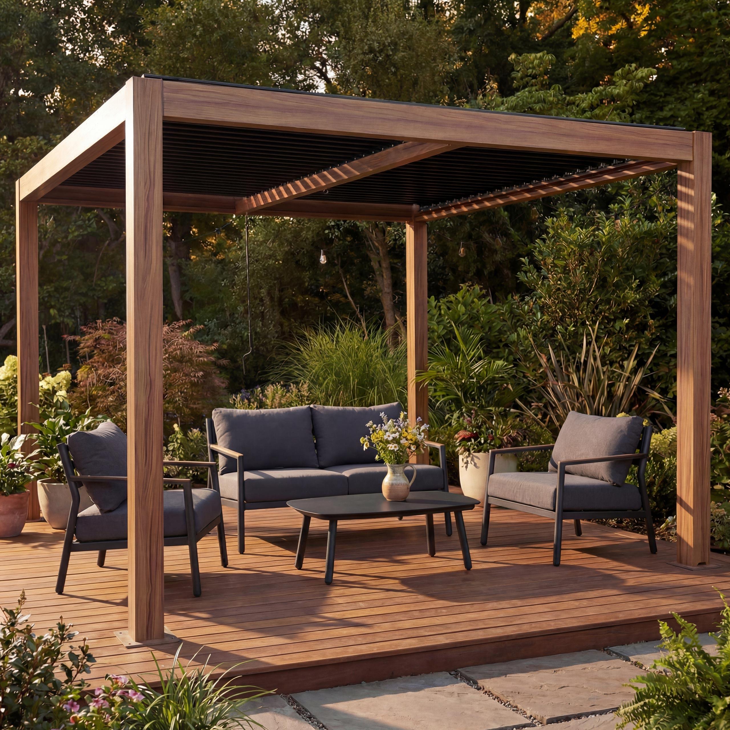 Pergola MCW-L46, Gartenpavillon Lamellen-Pavillon, 10cm-Aluminium-Gestell, Regenrinne sturmfest, 3x4m Holzoptik
