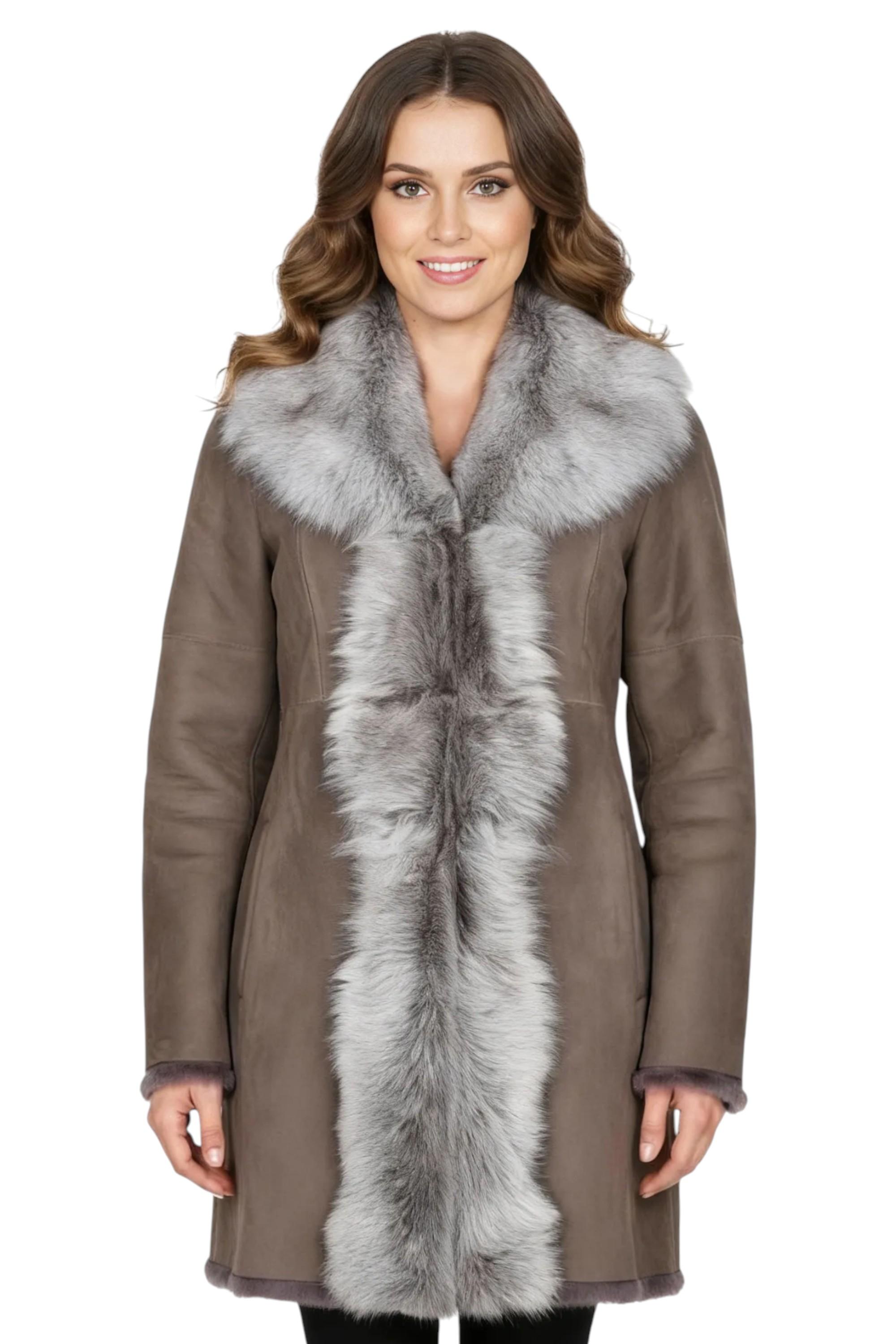 Damen-Trenchcoat aus taupefarbenem Toscana-Schafsveloursleder – Celeste
