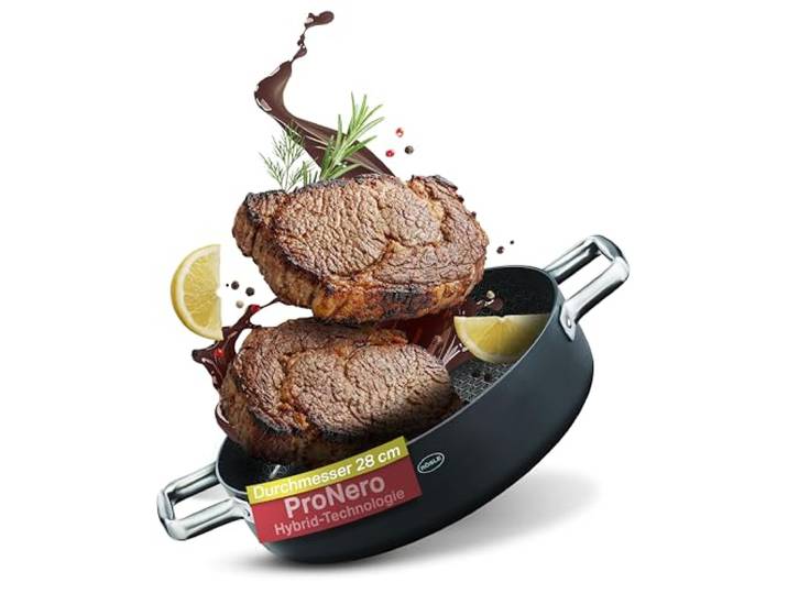 RÖSLE EBONIC Servierpfanne mit Deckel 28 cm – Schmorpfanne 28 cm hoher Rand – ProNero Keramik Antihaftbeschichtung mit Edelstahl-Wabenstruktur – PFAS-freie Servierpfanne Induktion – für alle Herdarten