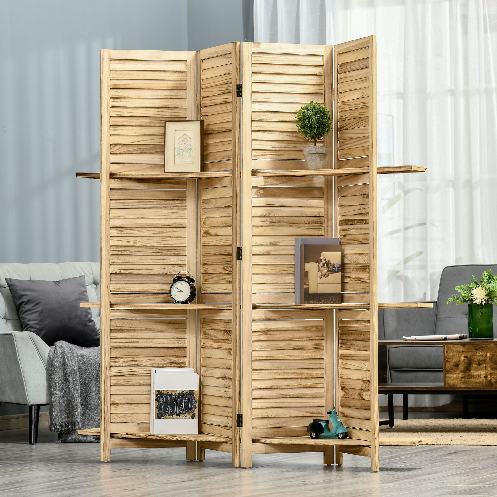 Homcom Paravento Divisorio per Interni Pieghevole a 4 Ante con Ripiani in Legno di Paulonia, 162x170 cm, Legno   Aosom Italy