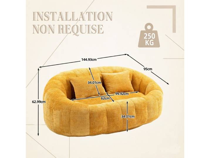 Canapé 2 places en Chenille Pouf poire 145x95x63cm pour salon et chambre avec 2 coussins Jaune