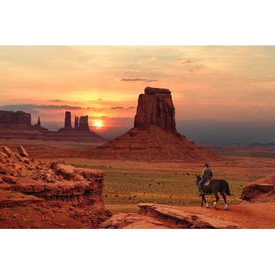 Fototapete PAPERMOON "MONUMENT TAL-SANDSTEIN BERGE SONNE STEINE WÜSTE COWBOY", bunt, B:4,5m L:2,8m, Vlies, Tapeten