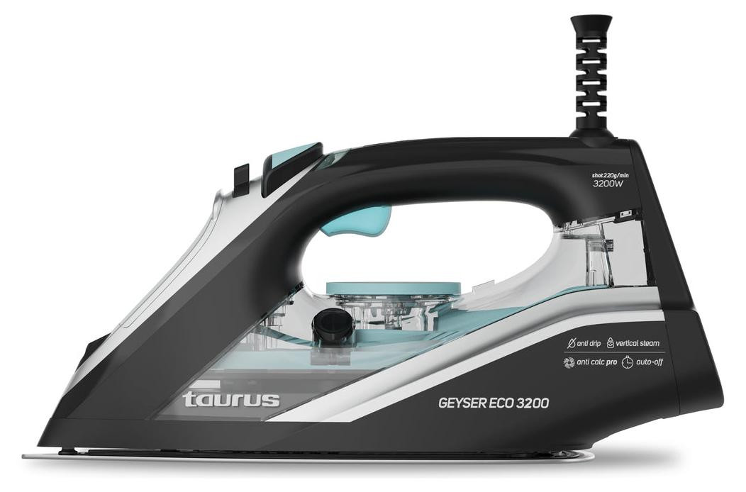 Taurus GEYSER ECO 3200 Stoomstrijkijzer met stoom- en droogstrijkfunctie, Zwart/Zilver/Turquoise