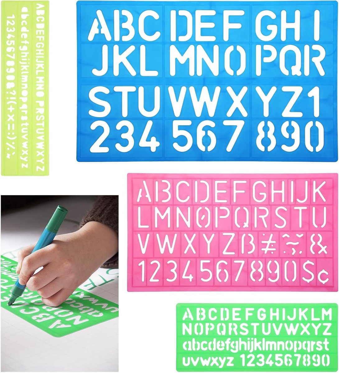 Set van 4 Alfabet Sjablonen van Plastic - Letters en Cijfers voor Leren, Schilderen en Creatief Knutselen
