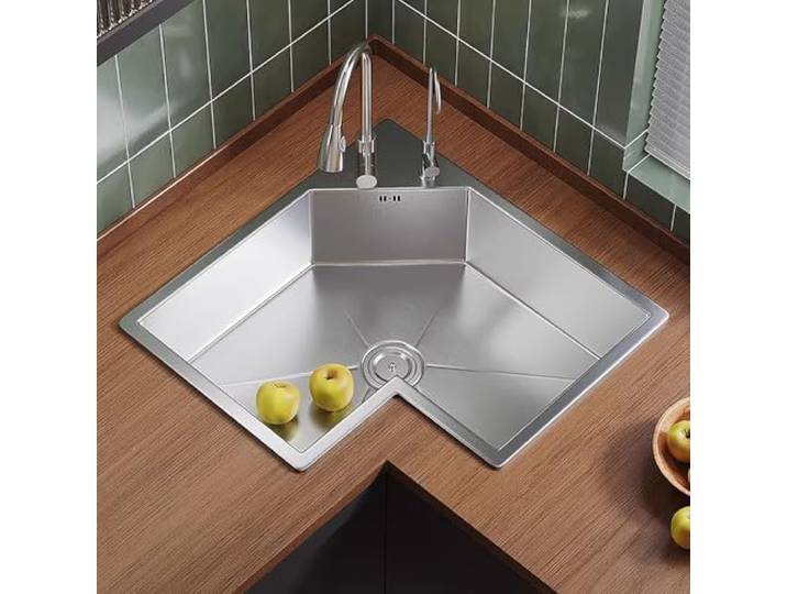 Eckspüle Küche aus Edelstahl 304, Einbauspüle, Küchenwaschbecken mit Ausziehbarer Armatur und Ablaufgarnitur, Geeignet für Privathaushalte, Bars und Hotels(Silver,55x55cm/21.6x21.6in)