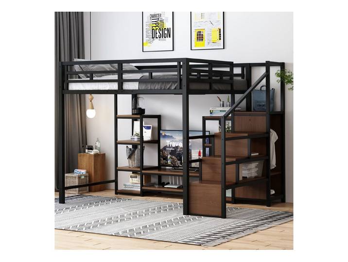 Odikalo Hochbett MetallKinderbett praktischem Stauraum TV-Ständer und Sicherheitsleiter (Stabile Holz-Kombination modernes platzsparendes Hochbett Steckdose)