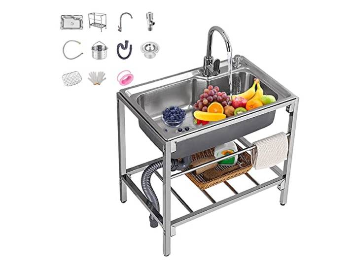 ZQFHSX Gewerbliche Edelstahlspüle für den Außenbereich, freistehend, mit Ablagefläche und Kalt-/Warmwasserhahn für Kücheninseln
