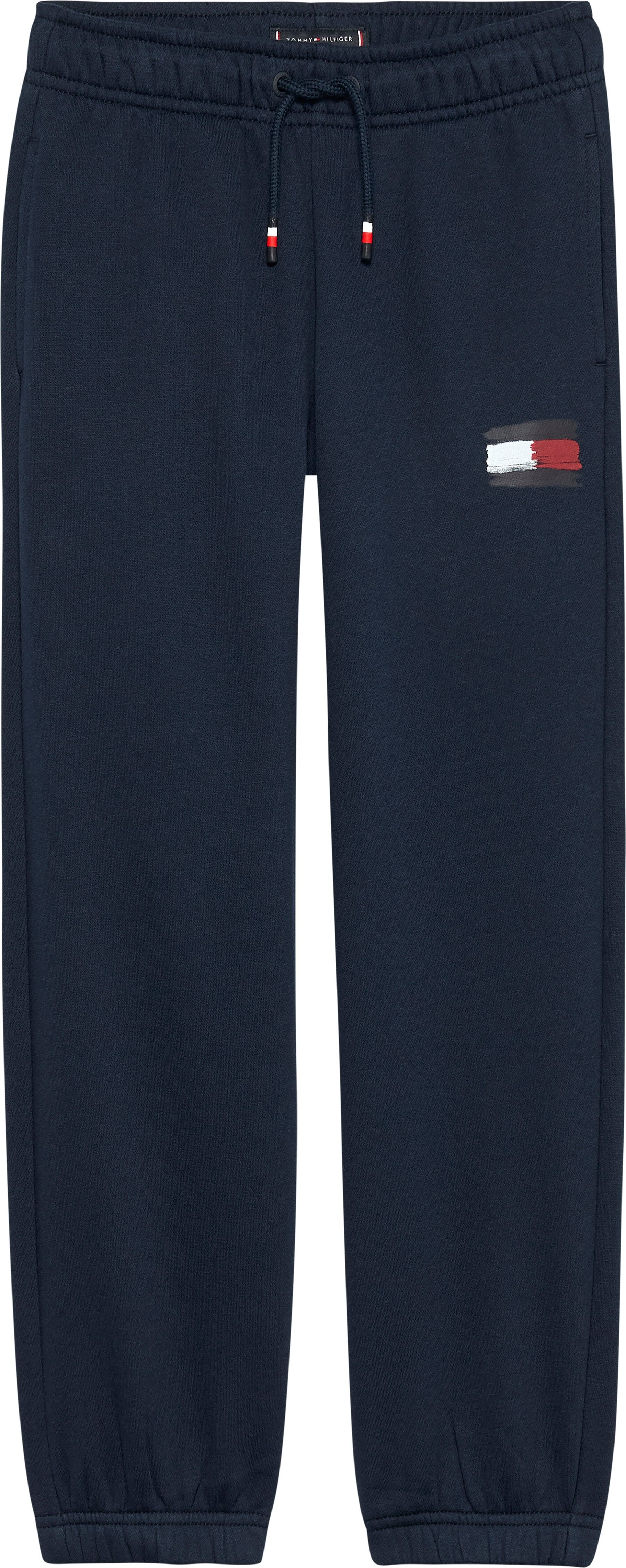 Sweatpants TOMMY HILFIGER "FLAG SWEATPANTS", Jungen, Gr. 74, N-Gr, blau (schwarz night navy), Sweatware, Obermaterial: 80% Baumwolle, 20% Polyester, unifarben, regular fit lang, Hosen Sweatpants, Kinder bis 16 Jahre schwarz night navy 74, N-Gr