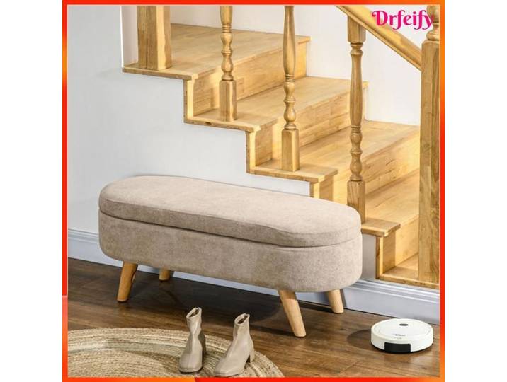 Banc banquette bout de lit coffre - AKOZON - 9797 - 2 en 1 siège rembourré - 110x40x43 cm - Beige pieds bois
