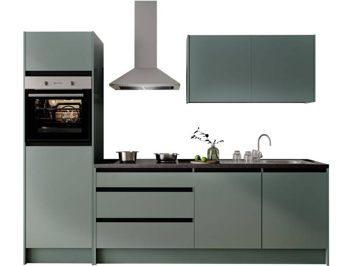 Küchenzeile BASIC BY BALCULINA Isis B/T/H 273x60x210 cm , küche: grün, front: grün, korpus: grün, arbeitsplatte: granit grau, B:273cm H:210cm T:60cm, Komplettküchen-Sets, Küchenzeile, Breite 273 cm, wahlweise mit E-Geräten und Induktionskochfeld