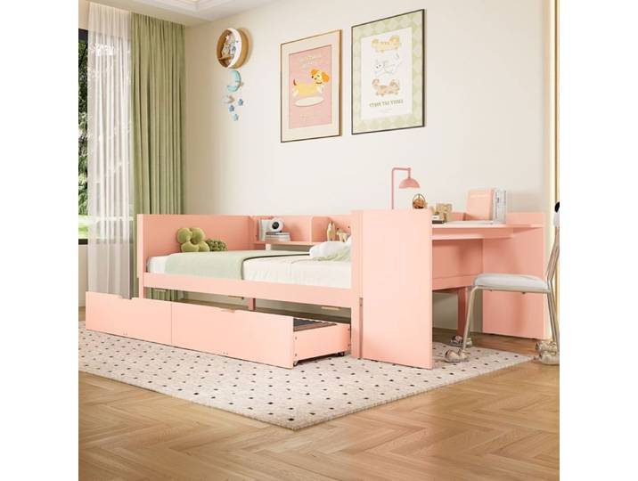 Lit plat lit en bois 90x200cm avec bureau équipé de 2 tiroirs lit simple