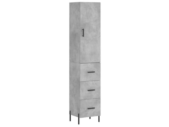 Highboard Betongrau 34,5x34x180 cm Holzwerkstoff Schrank mit Metallfüßen Mit Wandhalterung sicherbar, pflegeleichte Oberfläche, vielseitig einsetzbar im Wohnbereich