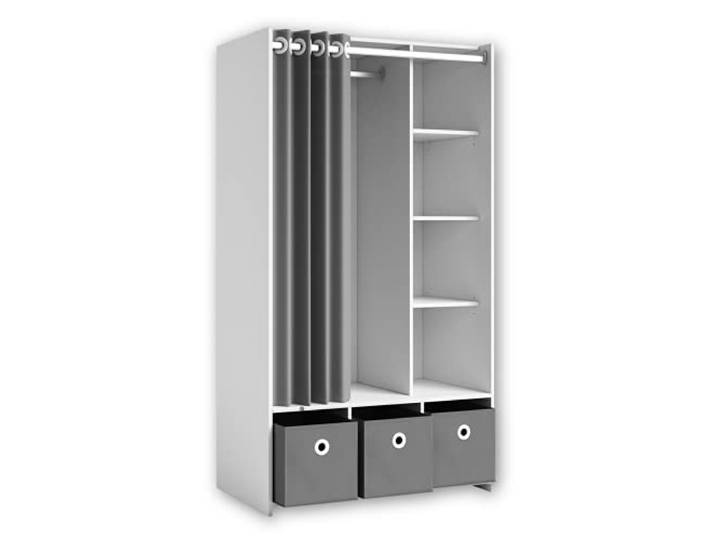 JENKE Kleiderschrank Allzweckschrank Weiß Grau 100 x 180 x 50 cm (B/H/T) Schrank mit Stoffvorhang, 3 Fächern für Aufbewahrungsboxen und Inneneinteilung für Kleidung und Schuhe
