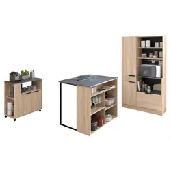 KÜCHEN-SET Eiche, grau, 3-teilig mit Buffet, Kücheninsel und Schrank