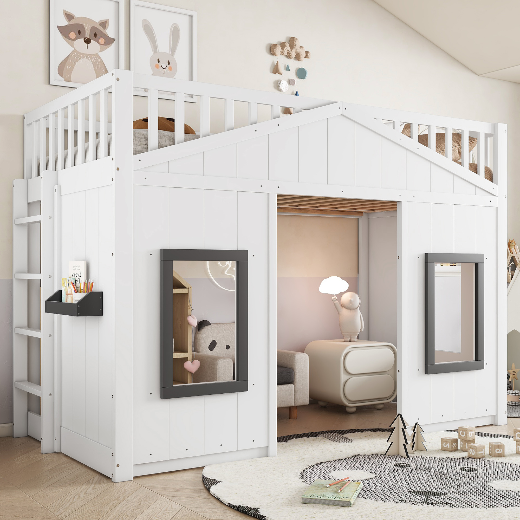 Merax Etagenbett 90x200 cm mit Fenster und Treppe, Hausbett mit Fallschutz, Kinderbett aus Kiefer + MDF, Hochbett EN747-