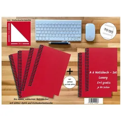 E & Z, Heft + Block, A 6 Notizbuch - Set, 4+2 gratis, Luxury 80 Seiten ROT JUPITER GLITTER-OPTIK, to do (A6, Blanko, Kariert, Liniert)