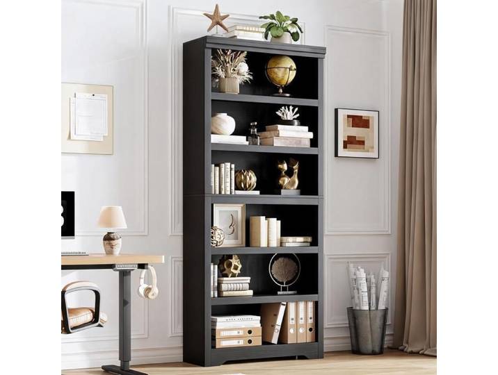 Bibliothèque ouverte style farmhouse - JoyGarden - 6 niveaux tablettes réglables MDF - Noir gaufré – L 80 cm