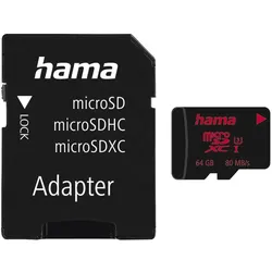 Hama microSDXC Class 3 + Adapter (64 GB, microSDXC, U3, UHS-I), Speicherkarte, Schwarz