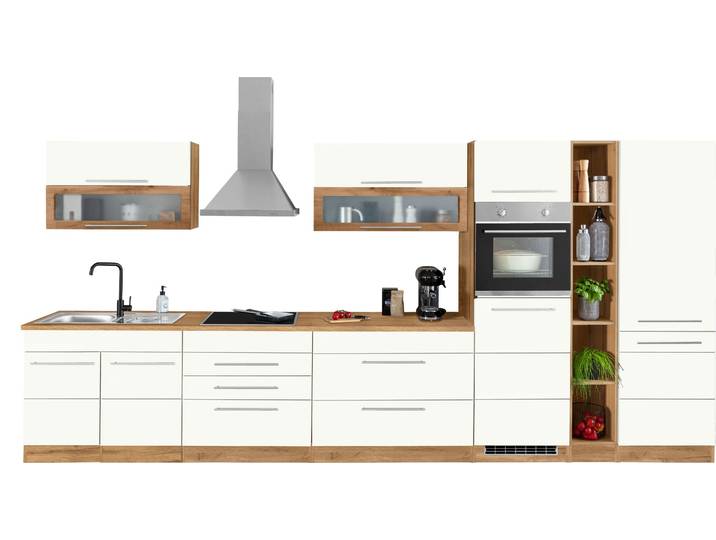 Küchenzeile KOCHSTATION KS-Wien , weiß (küche: weiß, front: weiß, korpus: wotaneichefarben, arbeitsplatte: wotaneichefarben), B:430cm T:60cm, Komplettküchen-Sets, Küchenzeile, Breite 430 cm, wahlweise mit E-Geräten und Induktion