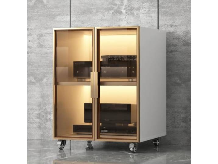 LEUBDIBR Audio Rack Schrank mit verstellbaren Regalen und Glastür Audio-Rack, verstellbare Regale, gehärtetes Glas, Medienständer, stabil(White,With Wheel H 75cm/29.5in)