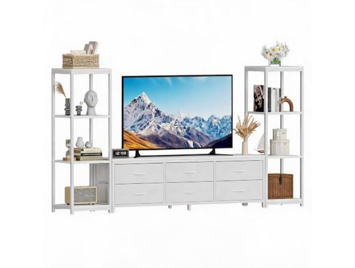 Zstar TV-Möbel Industriestil 6 Stoffschubladen 4 Ablagen bis 75 Zoll Weiß Fernsehständer mit 4 Ablagen und Stauraum für das Wohnzimmer – Entertainment-Center im Industrie-Stil