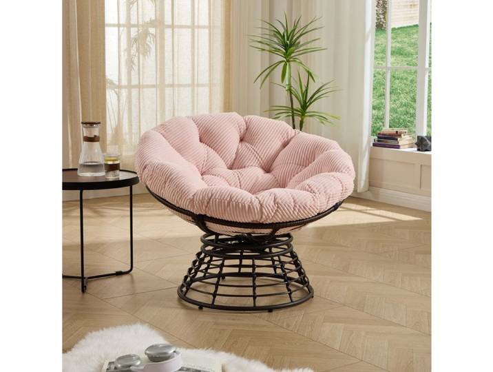 Fauteuil Papasan 92x67 cm EVRYAE - assise pivotante 360 degres coussin épais en tissu côtelé - Rose