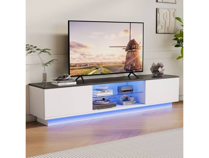 Meuble TV - ADWOLT - Meuble TV blanc avec éclairage LED - 160 x 32 x 42 cm - 2 portes - Étagères en verre trempé