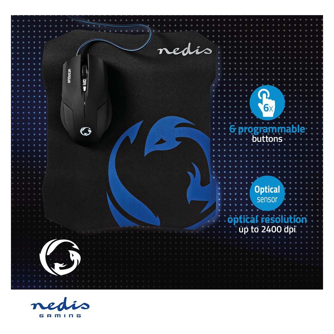 Nedis Set aus Gaming-Maus und Mousepad -1600 dpi (Kabelgebunden) (GMMP100BK)