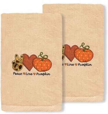 Authentic Hotel and Spa Peace*Love*Pumpkin - Embroidered Luxury 100% Turkish Cotton Hand Towels (Set of 2)