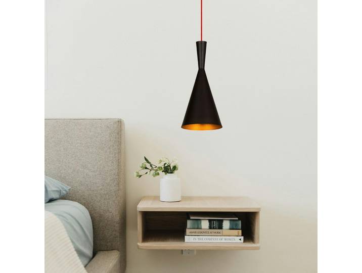 Lampe de chevet suspendue noire mat câble rouge, forme cône SILE
