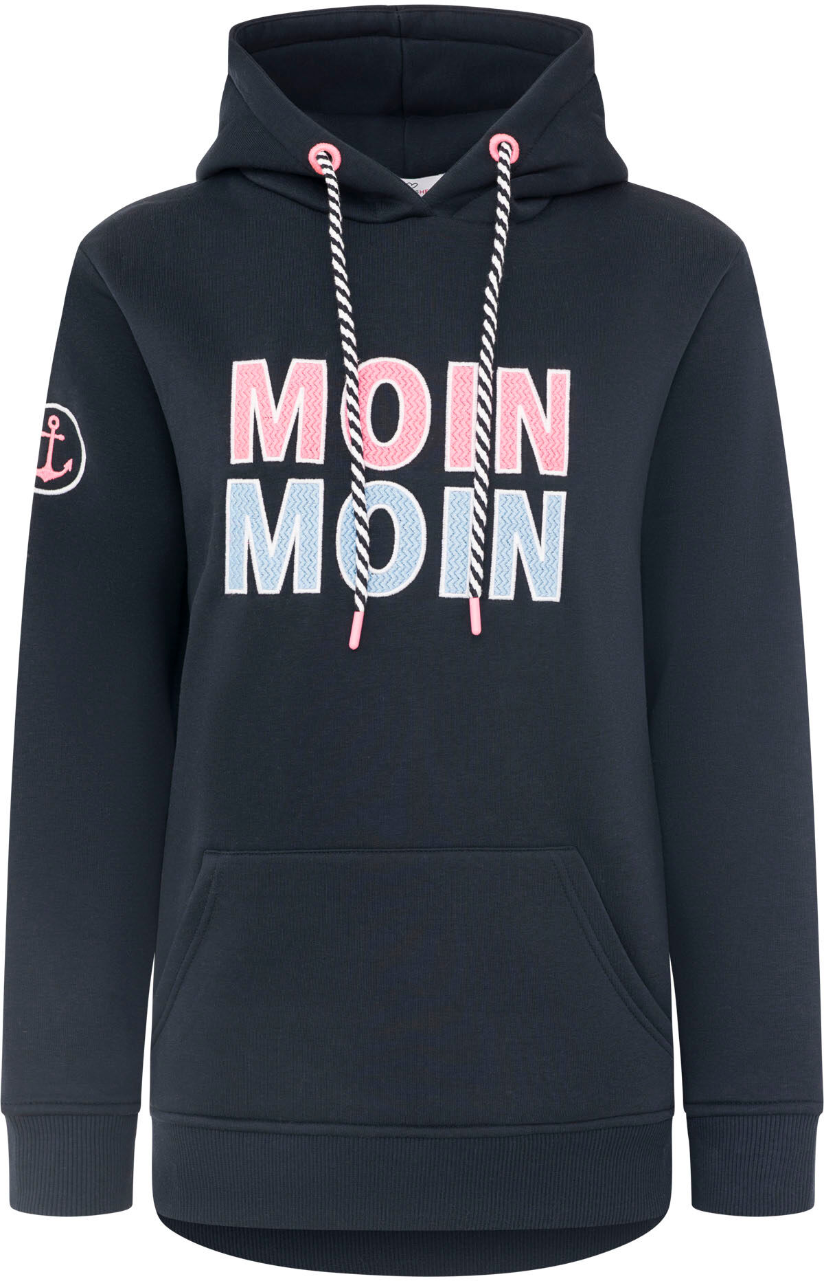 Hoodie ZWILLINGSHERZ "Moin Moin", Damen, Gr. M, blau (marine), Sweatware, Obermaterial: 50% Baumwolle, 50% Polyester, Sweatshirts Hoodie, auffälliges Front Logo, Anker am Arm, Kapuze mit Kordel, Kängurutasche marine M