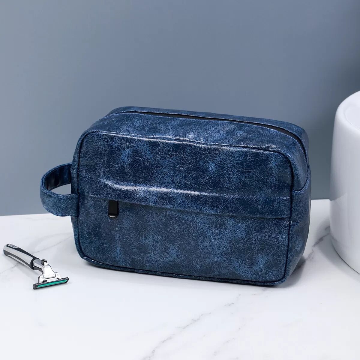 INF Reise-Kulturbeutel aus PU-Leder - Tragbare Waschtasche mit großem Fassungsvermögen für Damen und Herren Blau