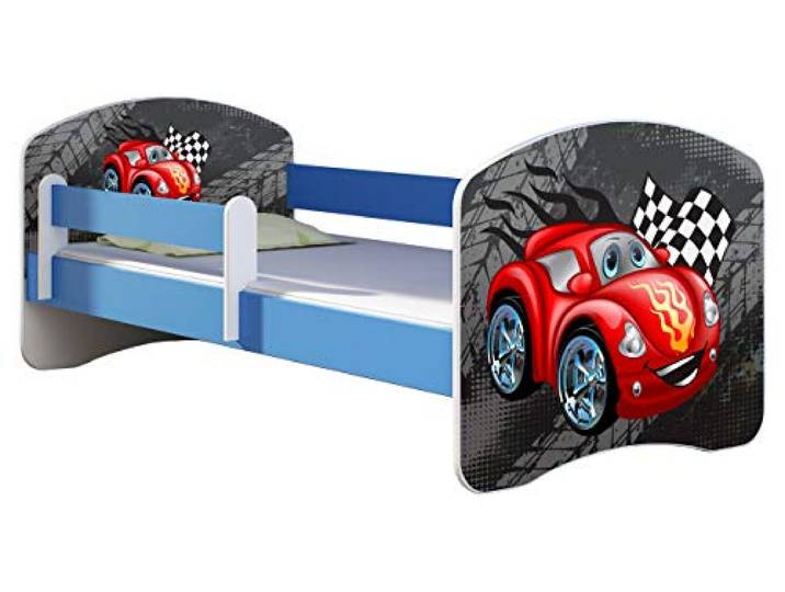 ACMA Kinderbett Jugendbett mit Einer Schublade und Matratze Blau mit Rausfallschutz Lattenrost II 140x70 160x80 180x80 (05 Rote Auto, 180x80)