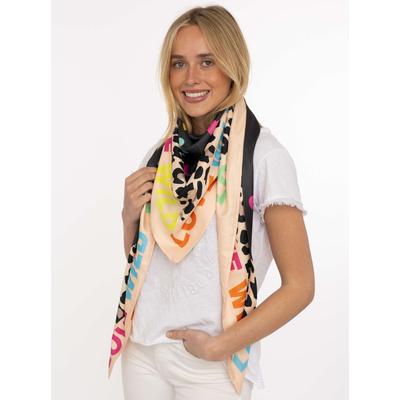Dreieckstuch ZWILLINGSHERZ "Wild Love", Damen, bunt (braun), Web, Polyester, gemustert, mehrfarbig, Modetücher, farbenfroh, Leo-Design mit "LOVE" Schriftzug, glänzende Oberfläche