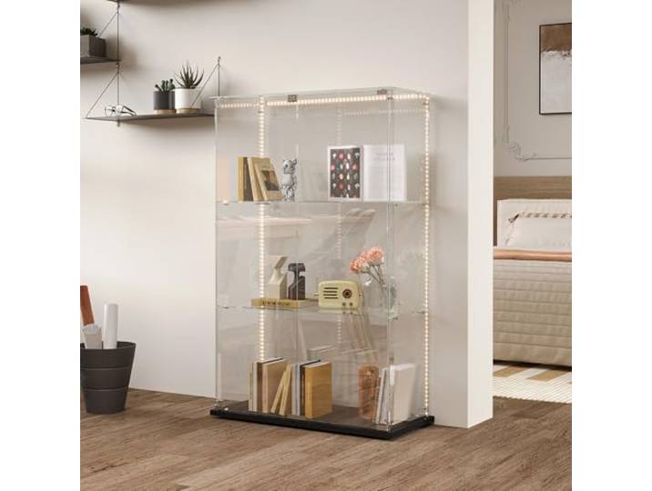 FEEOHOME Glasvitrine stehend, großer Vitrine Glas, Transparent Vitrine mit 3 Schichten mit 2 Tür, Vitrinenschrank für Wohnzimmer, Schlafzimmer, 78.5x35x124 cm, Schwarz