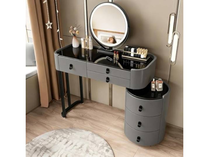 MJKCBD Schminktisch mit Glasplatte, Verstellbarer Spiegel, Vormontierter Schminktisch mit Schrank Grau, 6 Schubladen, PU Leder, Mädchen Schminktisch Klein für Schlafzimmer, 100*40cm