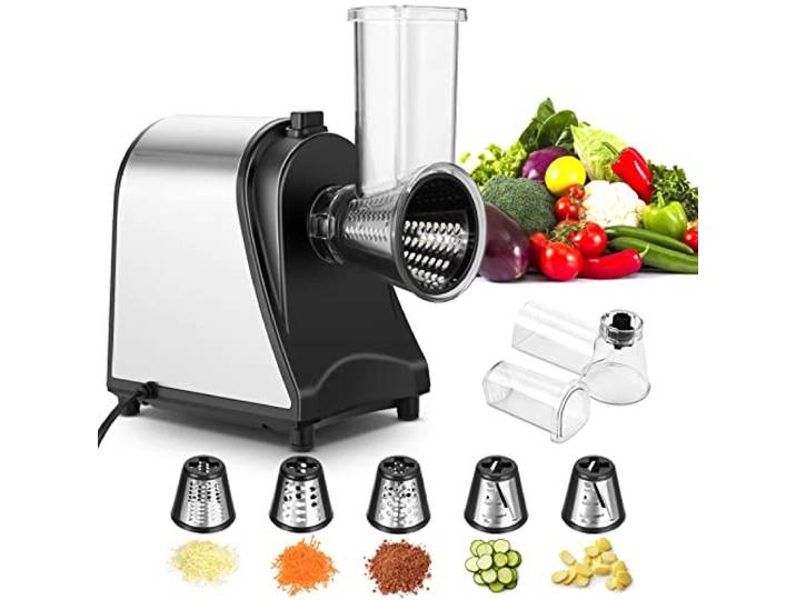 COOCHEER Elektrischer Gemüseschneider Edelstahl Gemüsehobel, 250W Multi Küchenreibe Zerkleinerer Gemüseraspe mit 5 Schneidetrommeln, Silber / Schwarz