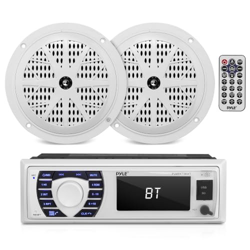 Pyle Marine Radio Set met Bluetooth en 2 Luidsprekers van 5.25 Inch – Boot Stereo Single DIN met AM FM USB SD AUX en Handsfree Bellen – Waterbestendig Audiosysteem