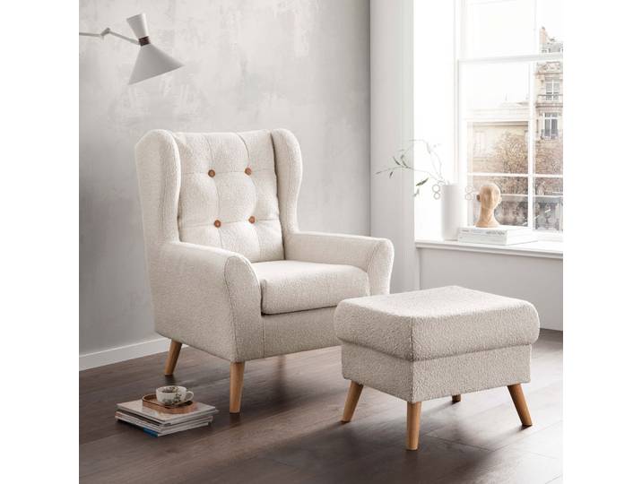Ohrenbackensessel inkl.Hocker 'Bordeaux' Wildeiche Stoff beige