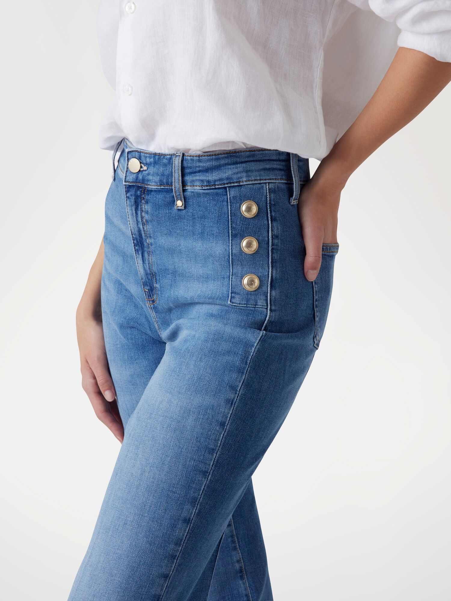 High-waist-Jeans GUESS "NEW FAYE PANT", Damen, Gr. 32, Länge 32, blau (simplicity), Denim/Jeans, Obermaterial: 93% Baumwolle, 6% Elastomultiester, 1% Elasthan, regular fit lang, Jeans High-waist-Jeans, Stretch-Denim mit Knopfleiste simplicity 32, Länge 32