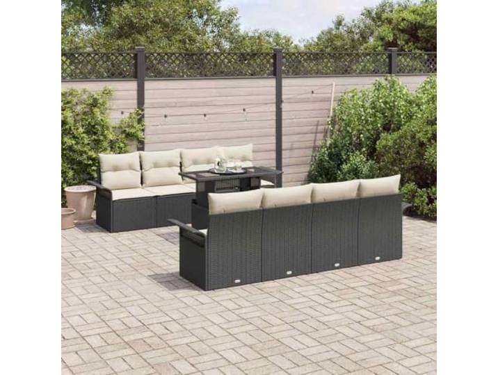 Modulares Poly Rattan Garten Sofa mit Akazienholz Tisch 8 Sitzteile Schwarz Garten-Sofa-Set mit Kissen 9-tlg Schwarz Poly Rattan Wohnlandschaft Sitzgruppe Outdoor Balkon Terrasse
