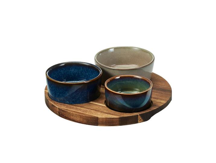 Apéroschale Servierset Steingut 4-teilig rund bunt/natur