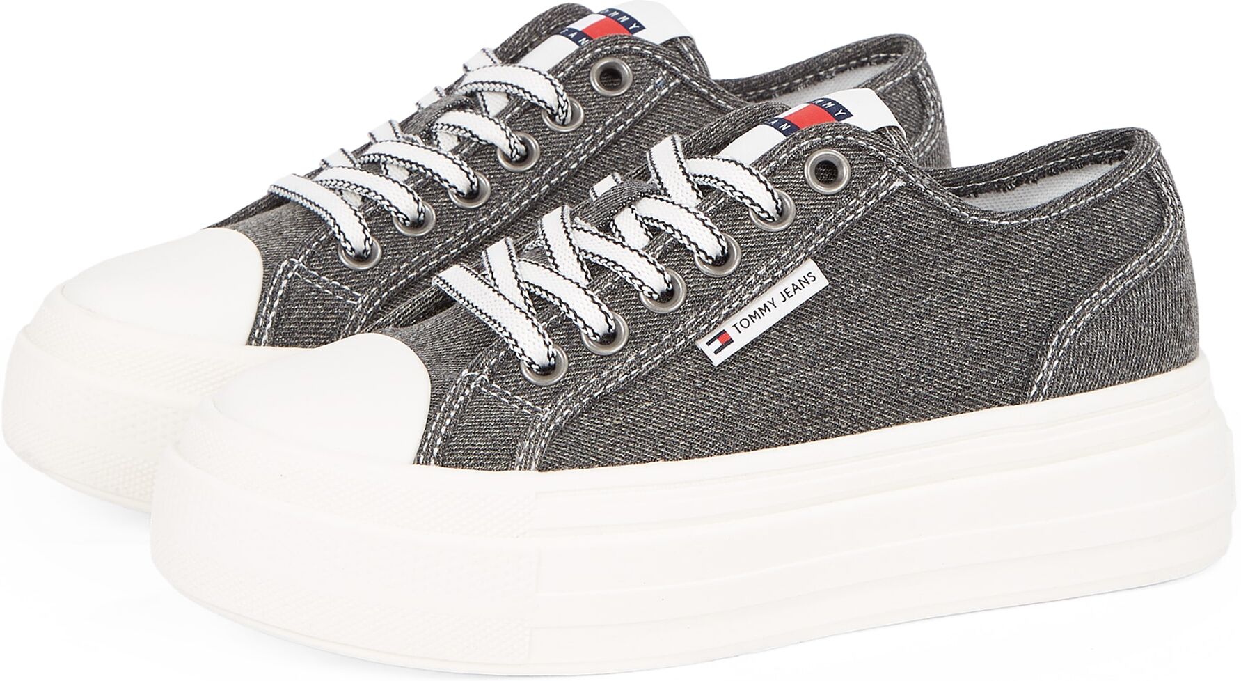 Plateausneaker TOMMY JEANS "TJW FOXING FLATFORM LC", Damen, Gr. 40, Textil, grau (anthrazit), Baumwolle, Schuhe Plateausneaker, Freizeitschuh, Halbschuh, Schnürschuh im Jeans-Look anthrazit 40, Textil