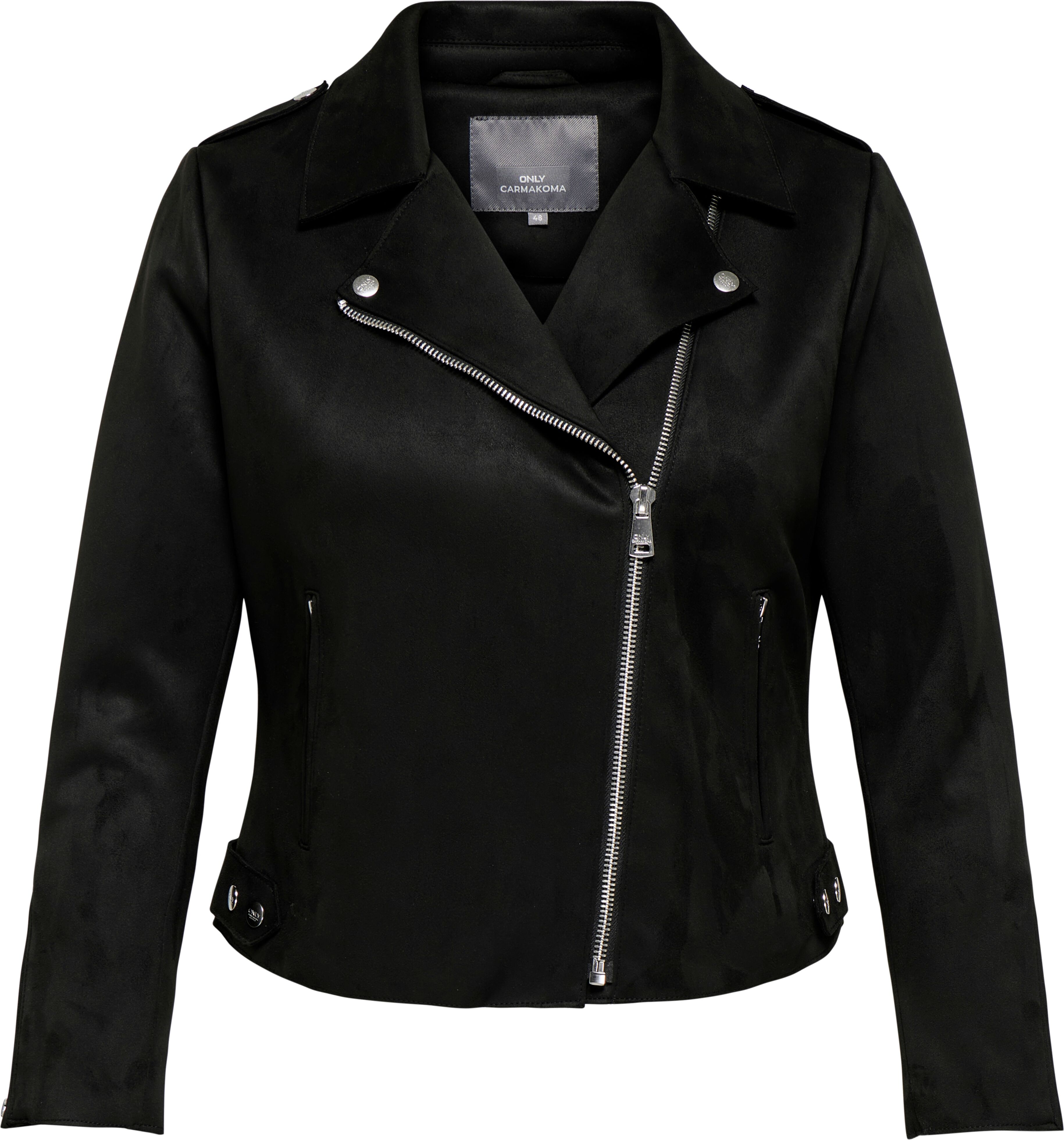 Bikerjacke ONLY CARMAKOMA "CARSHERRY NEW LIFE BONDED BIKER OTW", Damen, Gr. 46, schwarz, Web, Obermaterial: 100% Polyester, unifarben, figurbetont, Jacken Bikerjacke schwarz 46