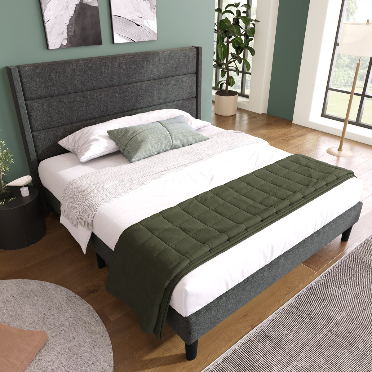 MODFU Gestoffeerd bed met 7-zones matras - Donkergrijs linnen - 140 x 200 cm