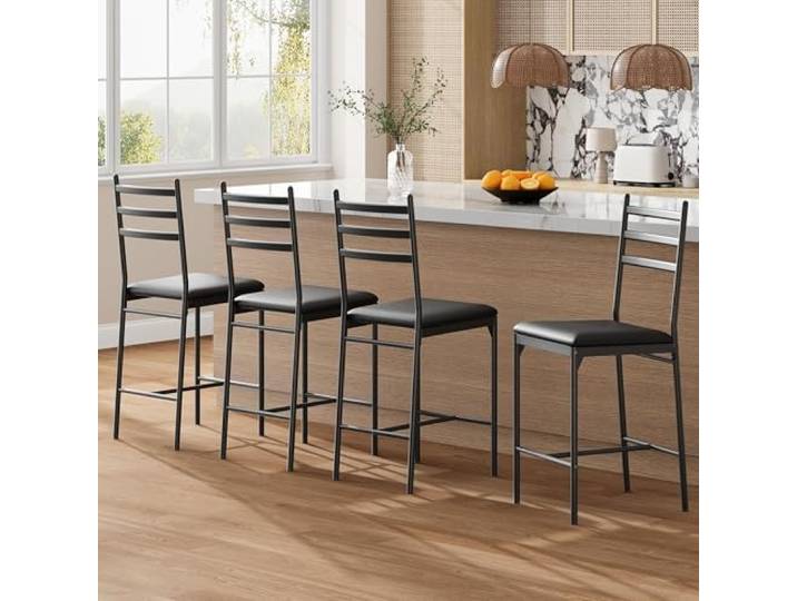 GarveeMore Barhocker 4er-Set mit Rückenlehne & Fußstütze Gepolstert aus Kunstleder, Dunkelbraun mit Goldakzenten – Für Küchentheke, Esszimmer & Homebar