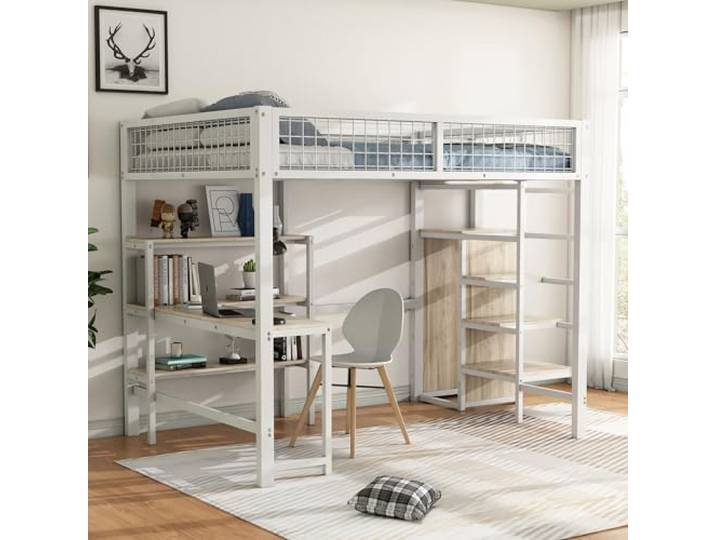 Merax Hochbett 140x200 mit Schreibtisch, Kleiderschrank, mehrere Regale, Metallbett Bettgestell mit Lattenrost (ohne Matratze) für Kinder/Erwachsene, Weiß
