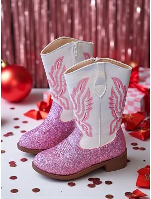 LightInthebox Korean Idol Inspired Pop Star Costume Shoes Girls' Pink Glitter Cowboy Boots with Embroidered Wings Western Style Performance Footwear for Dance and Party Outfits