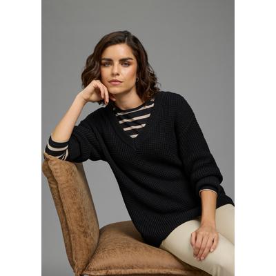 V-Ausschnitt-Pullover FLASHLIGHTS, Damen, Gr. 52/54, schwarz, Strick, Obermaterial: 50% Baumwolle, 50% Polyacryl, unifarben, Basic, lässig geschnitten Po-bedeckend, V-Ausschnitt, Pullover, bequem geschnitten mit 3/4 Ärmeln