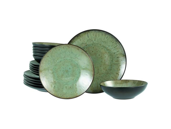 Creatable Tafelservice Jawa Grün, Grün, Schwarz, Keramik, 18-teilig, lebensmittelecht, stapelbar, Essen & Trinken, Geschirr, Geschirr-Sets, Tafelservice